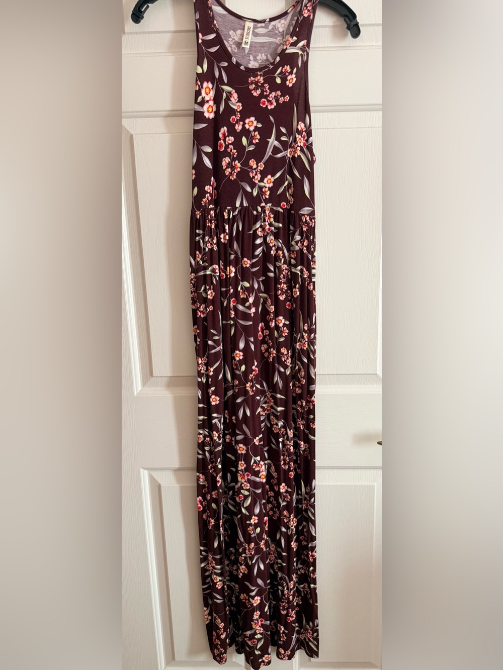 Floral Medium Maxi Dress in Dark Burgundy Plum with Pink Blossoms with Pockets